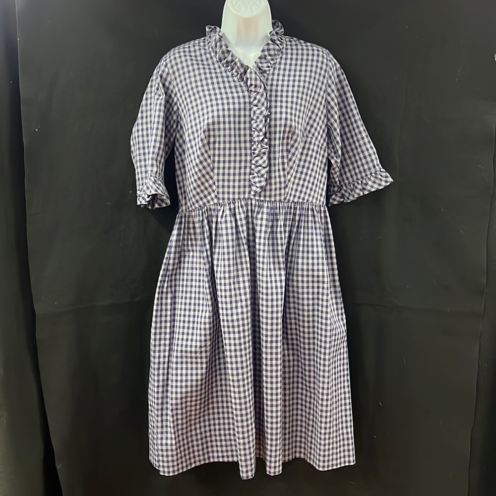 VTG Sears Navy Gingham Plaid Ruffle Neck Midi Dress Shabby Chic Size 16 1/2